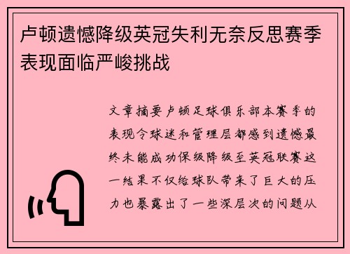 卢顿遗憾降级英冠失利无奈反思赛季表现面临严峻挑战