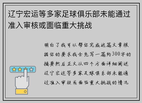 辽宁宏运等多家足球俱乐部未能通过准入审核或面临重大挑战