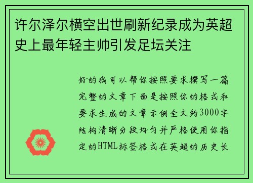 许尔泽尔横空出世刷新纪录成为英超史上最年轻主帅引发足坛关注 许尔泽尔横空出世刷新纪录成为英超史上最年轻主帅引发足坛关注